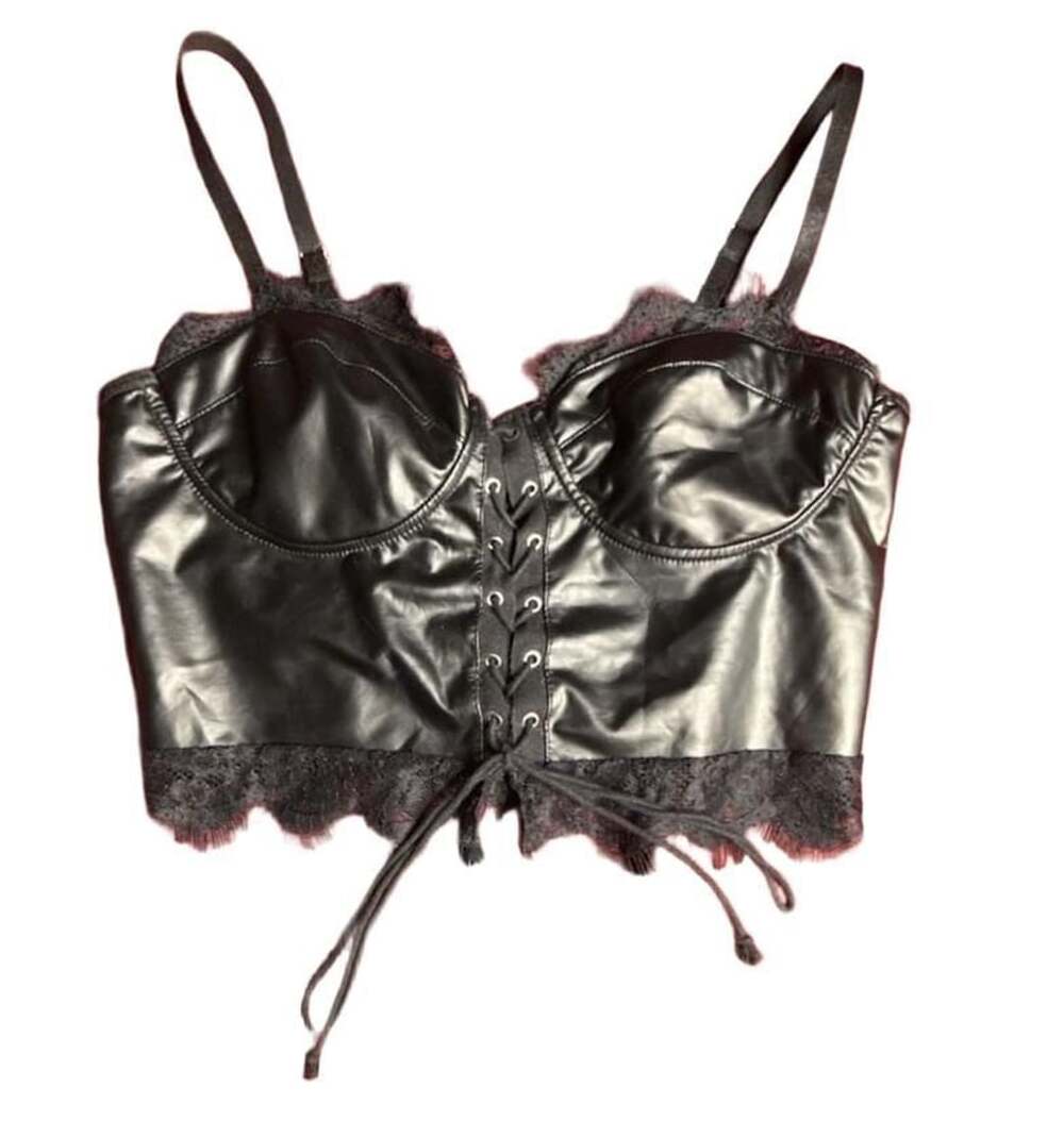 Unbranded Black Faux Leather Lace Trim Corset Top Size S